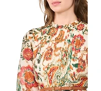 Msk Petites Ruffle Mock Neck Floral-Print Long-Sleeve Dress