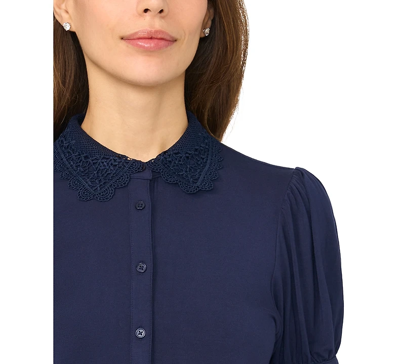 CeCe Women's Scallop-Trim Collared Short-Sleeve Button-Front Top