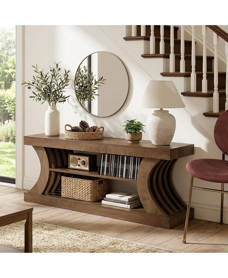 Tribesigns 63-Inch Farmhouse Entryway Console Table with Storage, Tv Console with Curved Design for Living Room, Bedroom