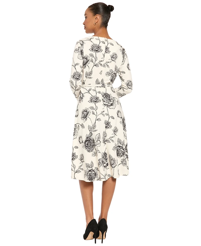 London Times Women's Floral-Print Long-Sleeve Cowl Neck Midi Dress