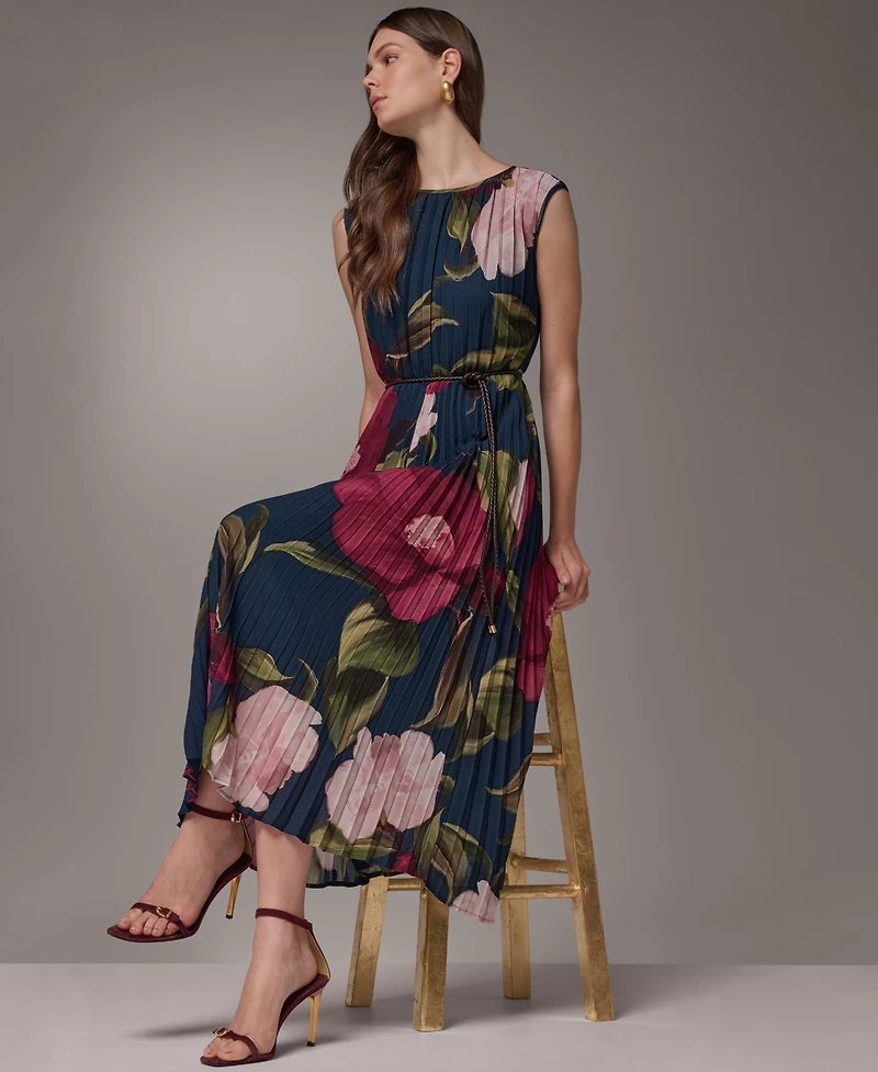 Donna Karan New York Women's Cap Sleeve Floral Chiffon A-Line Midi Dress