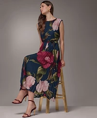 Donna Karan New York Women's Cap Sleeve Floral Chiffon A-Line Midi Dress