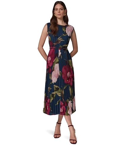 Donna Karan New York Women's Cap Sleeve Floral Chiffon A-Line Midi Dress