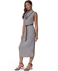 Donna Karan New York Women's Cowl Neck Attached Scarf Belted Sweater Dress