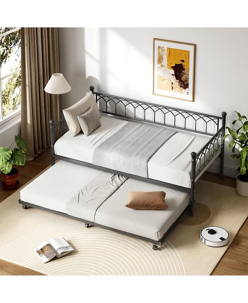 homfan Twin Metal Sofa Bed with Pull Out Lower Bed, Led Light Daybed Frame for Kids Bedroom Living Room Guest Room, Pink/Black