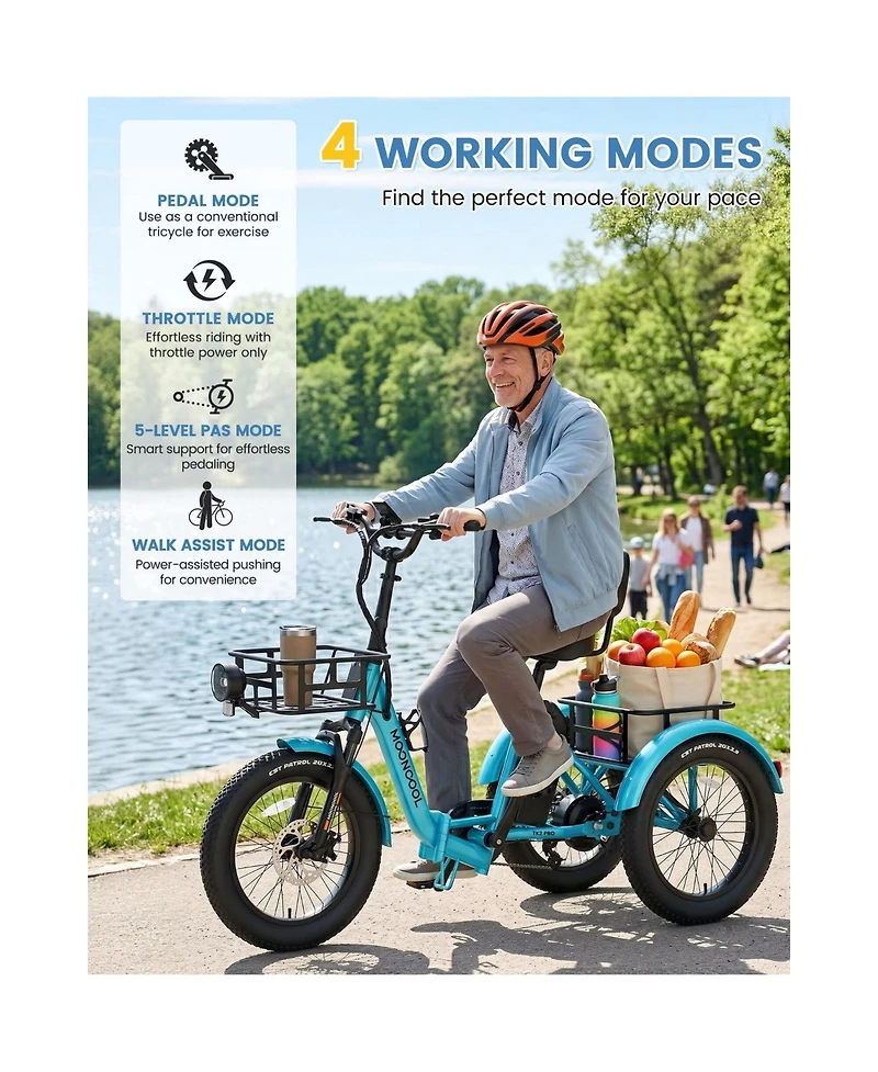 Mooncool TK2 Pro Adult Folding E-Trike with Reverse, 6-Speed, 1500W Peak, 20" Fat Tire