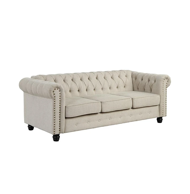 Morden Fort Linen Chesterfield 3 Seat Sofa Living Room Rolled Arm Couch with Button Tufted and Nailhead Trim