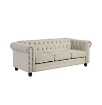 Morden Fort Linen Chesterfield 3 Seat Sofa Living Room Rolled Arm Couch with Button Tufted and Nailhead Trim