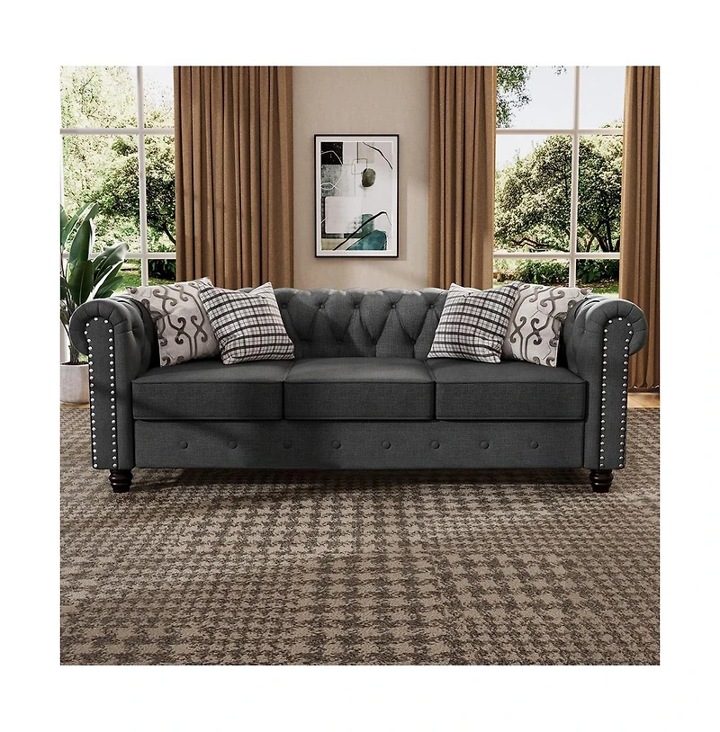 Morden Fort Linen Chesterfield 3 Seat Sofa Living Room Rolled Arm Couch with Button Tufted and Nailhead Trim