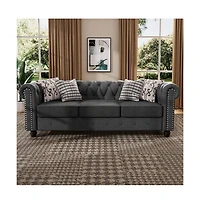 Morden Fort Linen Chesterfield 3 Seat Sofa Living Room Rolled Arm Couch with Button Tufted and Nailhead Trim
