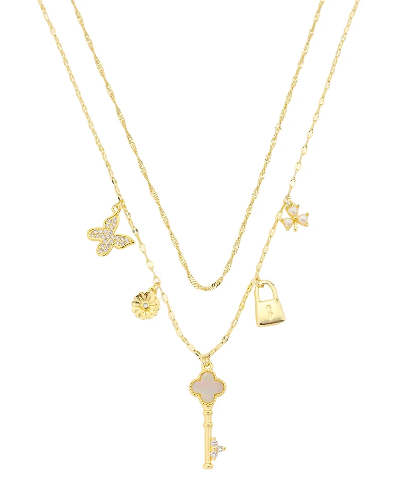 Unwritten Cubic Zirconia and Imitation Pearl Gold-Plated Lock and Key Charm Layered Necklace Set