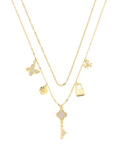 Unwritten Cubic Zirconia and Imitation Pearl Gold-Plated Lock and Key Charm Layered Necklace Set