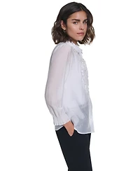 Karl Lagerfeld Paris Women's Ruffle Button Woven Collar Neck Top