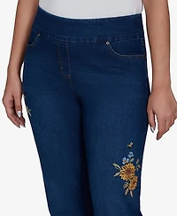 Alfred Dunner Petite Pull-On Straight Floral-Embroidery Denim Jeans