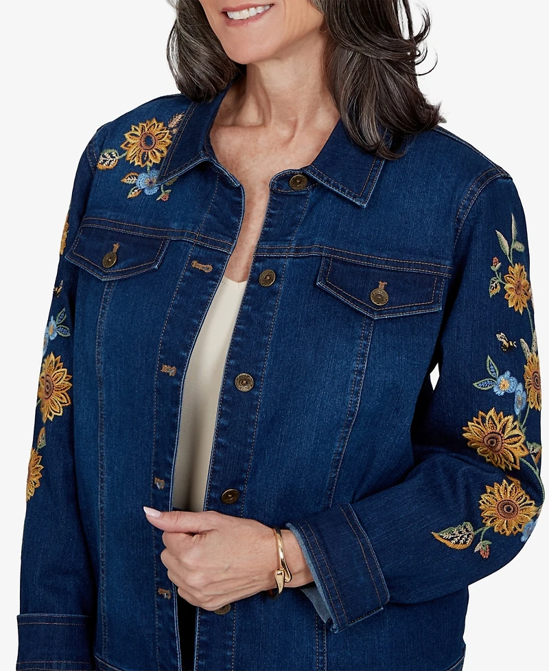 Alfred Dunner Petite Denim Floral-Embroidered Jacket