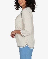 Alfred Dunner Petite Sunflower-Embroidery Crewneck 3/4-Sleeve Cotton-Blend T-Shirt