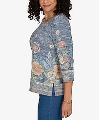 Alfred Dunner Petite Square Neck 3/4-Sleeve Floral-Print Knit Top