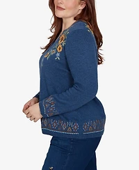 Alfred Dunner Petite V-Neck Long-Sleeve Floral Embroidery Cotton-Blend Cardigan
