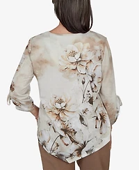 Alfred Dunner Petite Floral-Print 3/4-Sleeve V-Neck Blouse