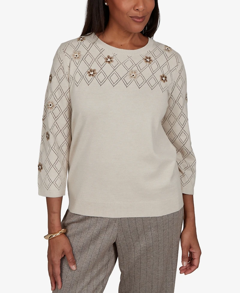 Alfred Dunner Petite Pointelle Floral Embroidery with Bead Pullover Sweater