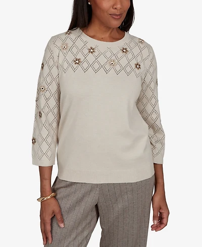 Alfred Dunner Petite Pointelle Floral Embroidery with Bead Pullover Sweater