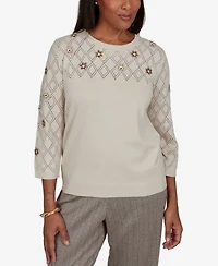 Alfred Dunner Petite Pointelle Floral Embroidery with Bead Pullover Sweater