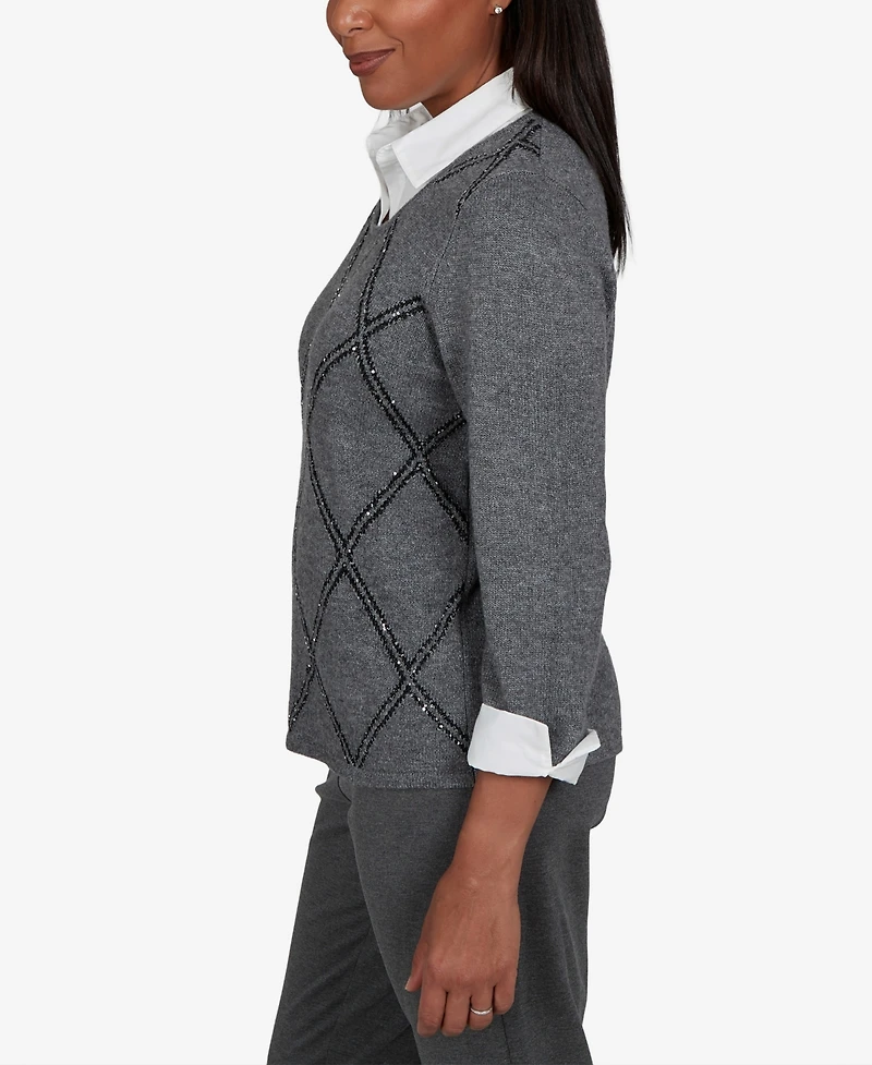 Alfred Dunner Petite Scoop Neck 3/4-Sleeve Embellished Pullover Sweater