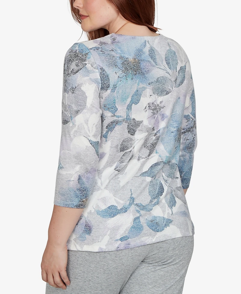 Alfred Dunner Petite Keyhole Neck 3/4-Sleeve Floral-Print Knit Top