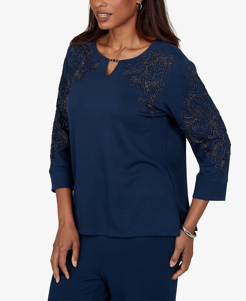 Alfred Dunner Petite Embellished Keyhole Neck 3/4-Sleeve Top