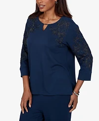 Alfred Dunner Petite Embellished Keyhole Neck 3/4-Sleeve Top