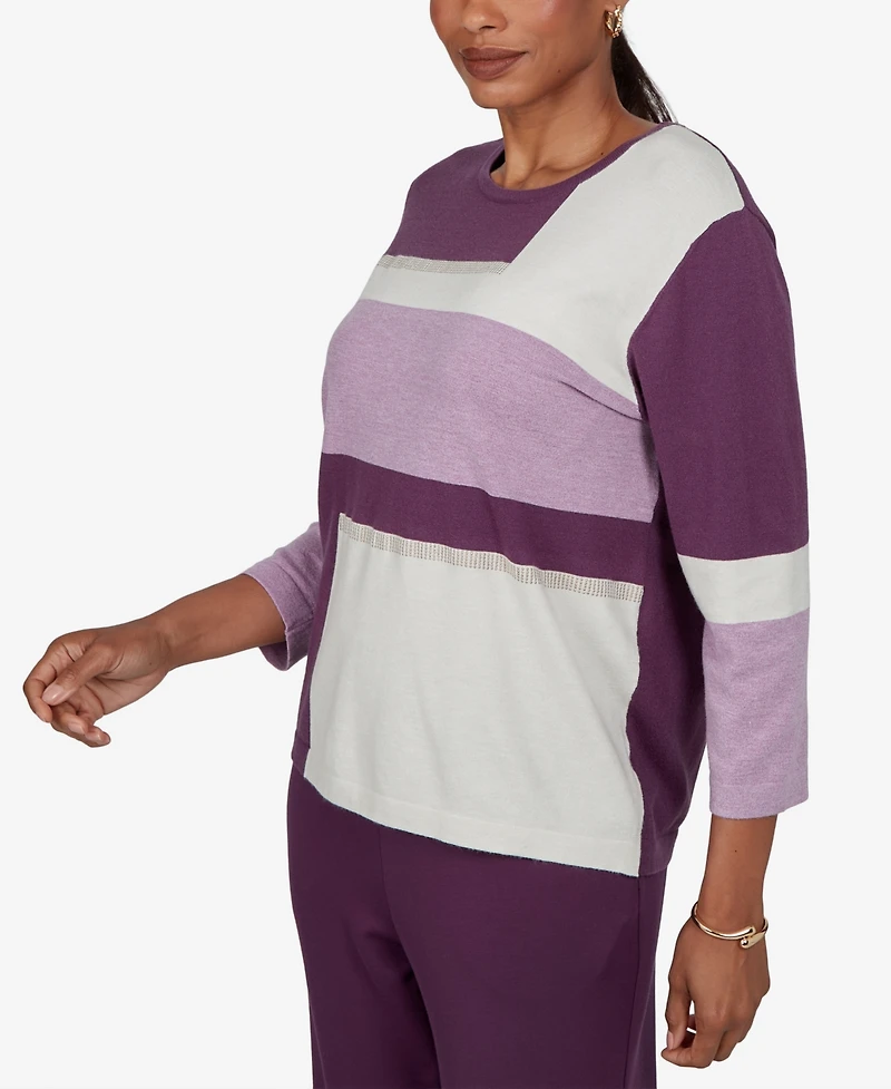 Alfred Dunner Petite Colorblock 3/4-Sleeve Crew Neck Pullover Sweater