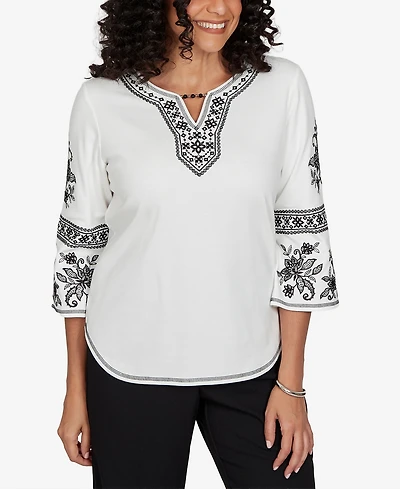 Alfred Dunner Petite Keyhole Neck 3/4-Sleeve Cotton-Blend Knit Top
