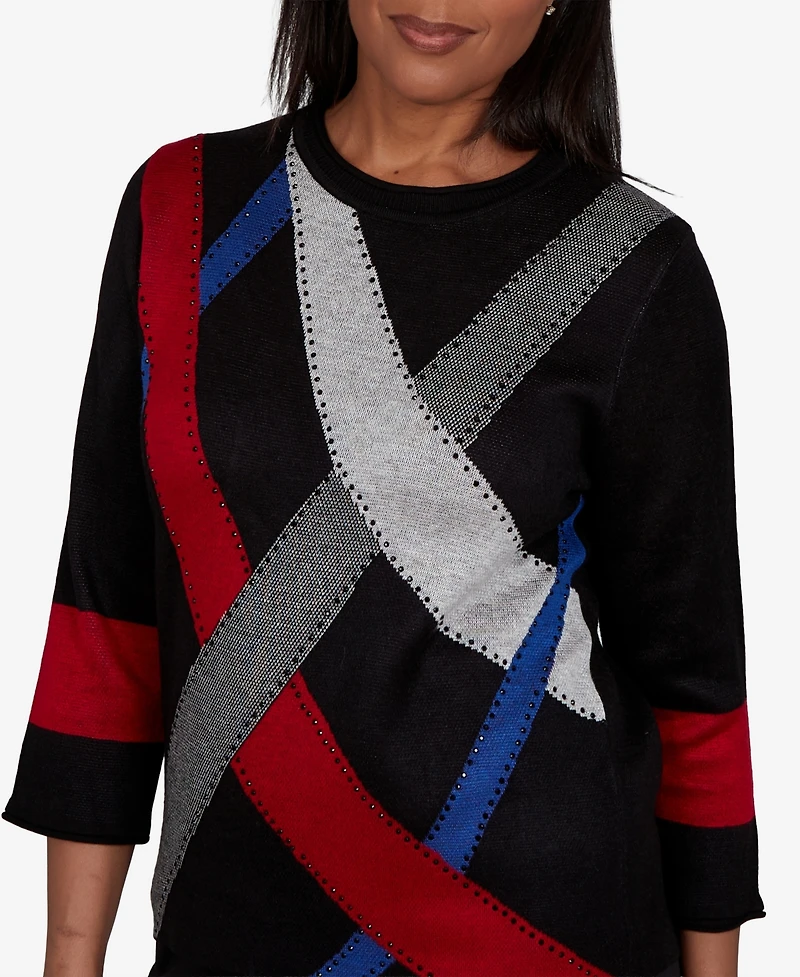 Alfred Dunner Petite 3/4-Sleeve Crewneck Colorblock Sweater