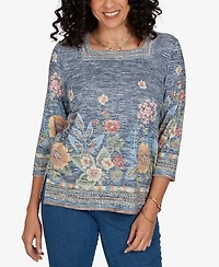 Alfred Dunner Women's Floral Square Neck 3/4-Sleeve Top