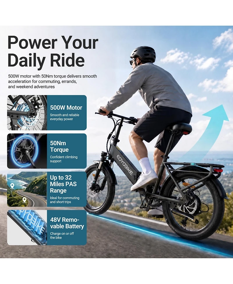 Mooncool Adults Foldable Electric Bike 20" x 3.0" Fat Tires, 7-Speed Commuter E Bike, 1200W Peak Motor Ebike