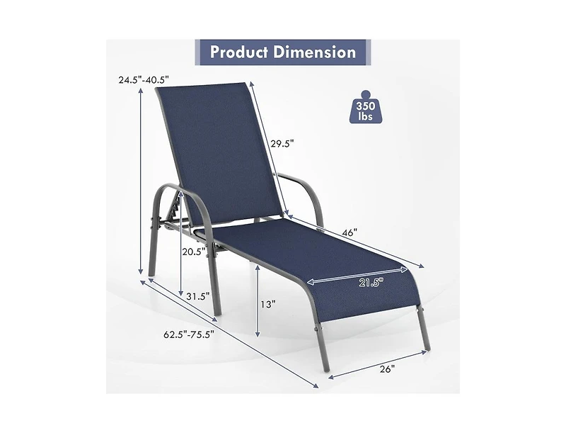Lucky One 2 Pack Adjustable Patio Chaise Lounge Chairs with Armrests Fabric Outdoor Recliners