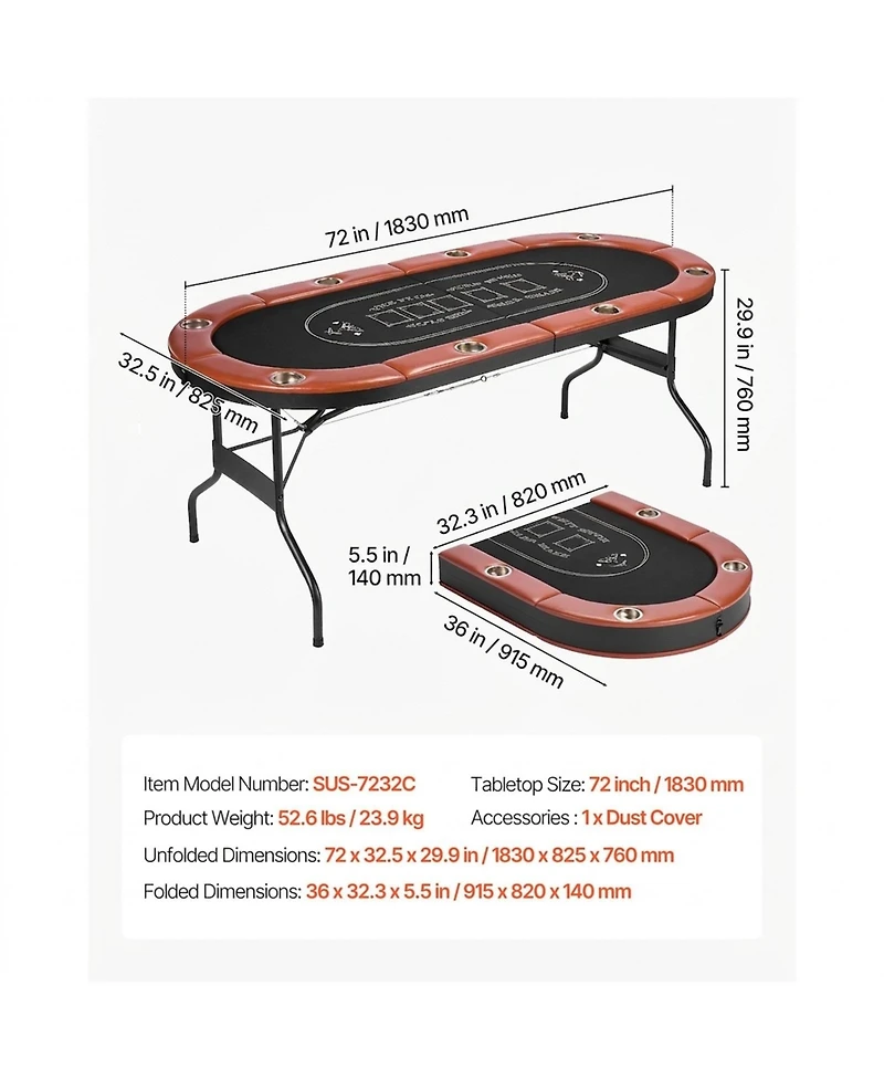 Sugift 8 Player 72 Inch Oval Folding Poker Table with Padded Rails and Metal Cup Holders