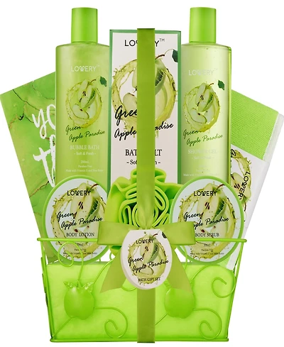 Lovery Appreciation Gift Basket, 9pc Green Apple Paradise Body Care Gift Set