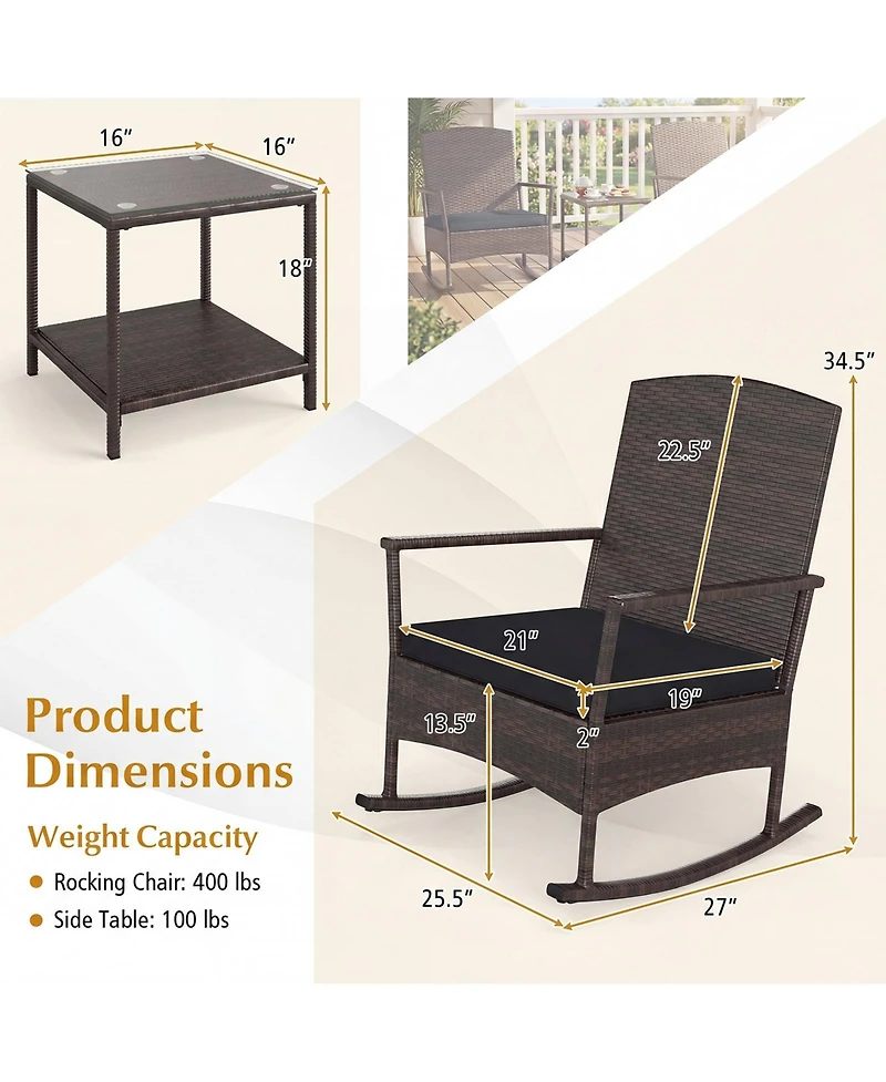 Gymax 3 Piece Patio Rocking Bistro Set 2 Rattan Armchairs with 2-Tier Tempered Glass Side Table
