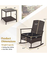 Gymax 3 Piece Patio Rocking Bistro Set 2 Rattan Armchairs with 2-Tier Tempered Glass Side Table