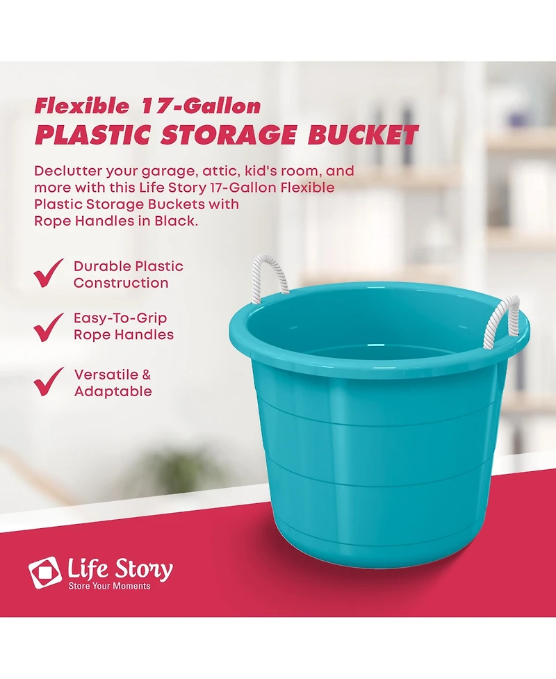 Life Story 17 Gallon Round Open Storage Bucket with Rope Handles, Teal, 8 Pack