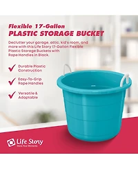 Life Story 17 Gallon Round Open Storage Bucket with Rope Handles, Teal, 8 Pack