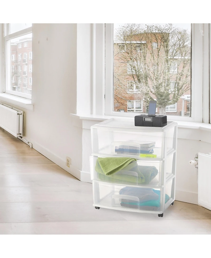 Homz Plastic 3 Clear Drawer Small Rolling Storage Container Tower, White, 2 Pack