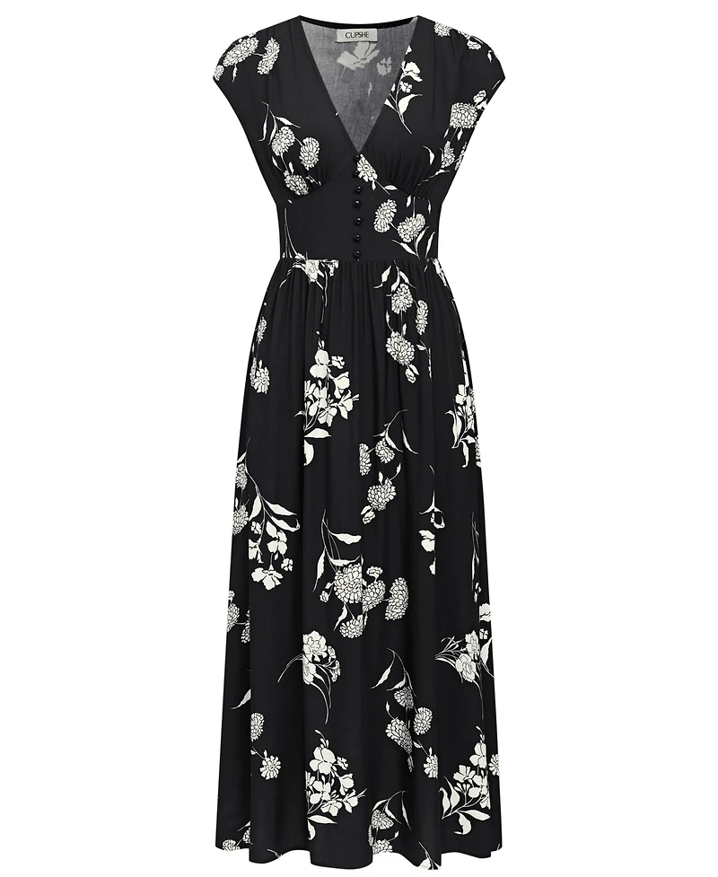 Cupshe Women's Black White Floral Cap Sleeve Midi Dress
