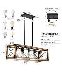 Clihome 32" Walnut Industrial Farmhouse Rectangle Pendant Light, 5-Light Chandelier