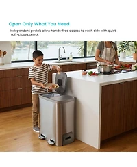 Home Zone Living 13 Gallon Dual Compartment Kitchen Trash Can with Recycling, Soft-Close Lids and Bag Storage, Brushed Stainless Steel, Silver