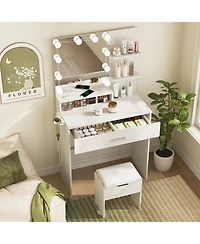 Vabches Makeup Vanity Desk with Lighted Mirror and Charging Station, Storage Chair + Drawer for Bedroom