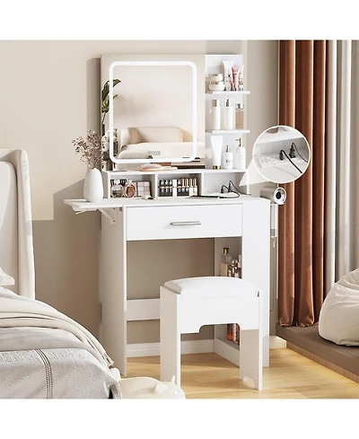 Vabches Small Vanity Desk with Lighted Mirror and Charging Station, Makeup Table with Drawer, Shelves and Stool