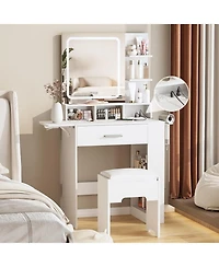 Vabches Small Vanity Desk with Lighted Mirror and Charging Station, Makeup Table with Drawer, Shelves and Stool