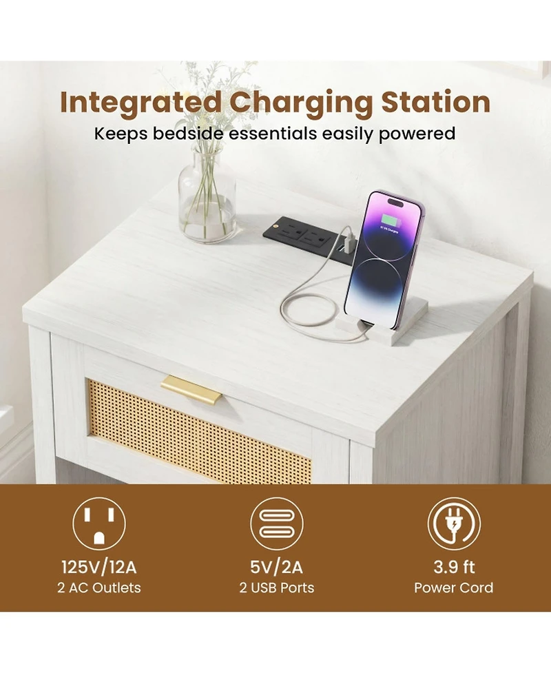 Sugift Rattan Nightstand with Charging Station Storage Drawer and Open Compartment